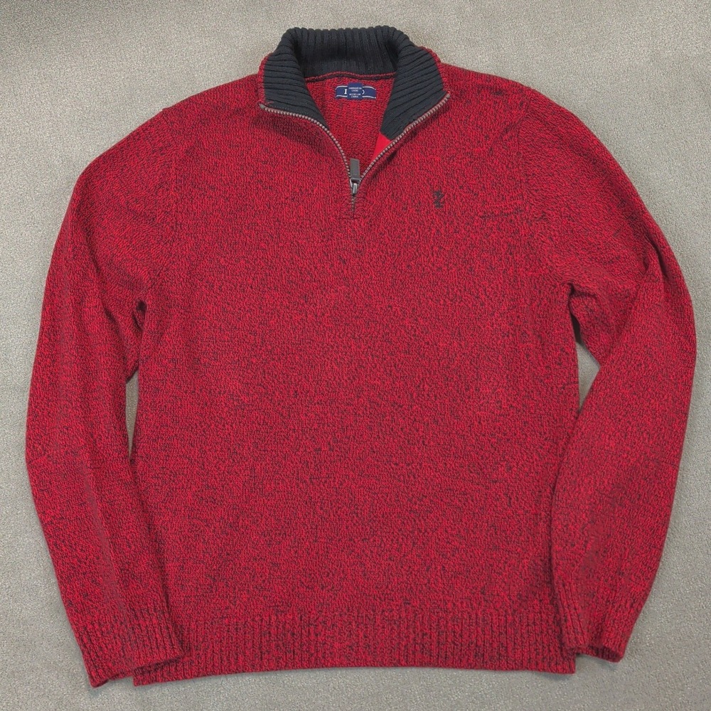 IZOD Boys Sweater Size L 14/16 Red Black Marled 1/4 Zip Cotton Mock Neck Sweater